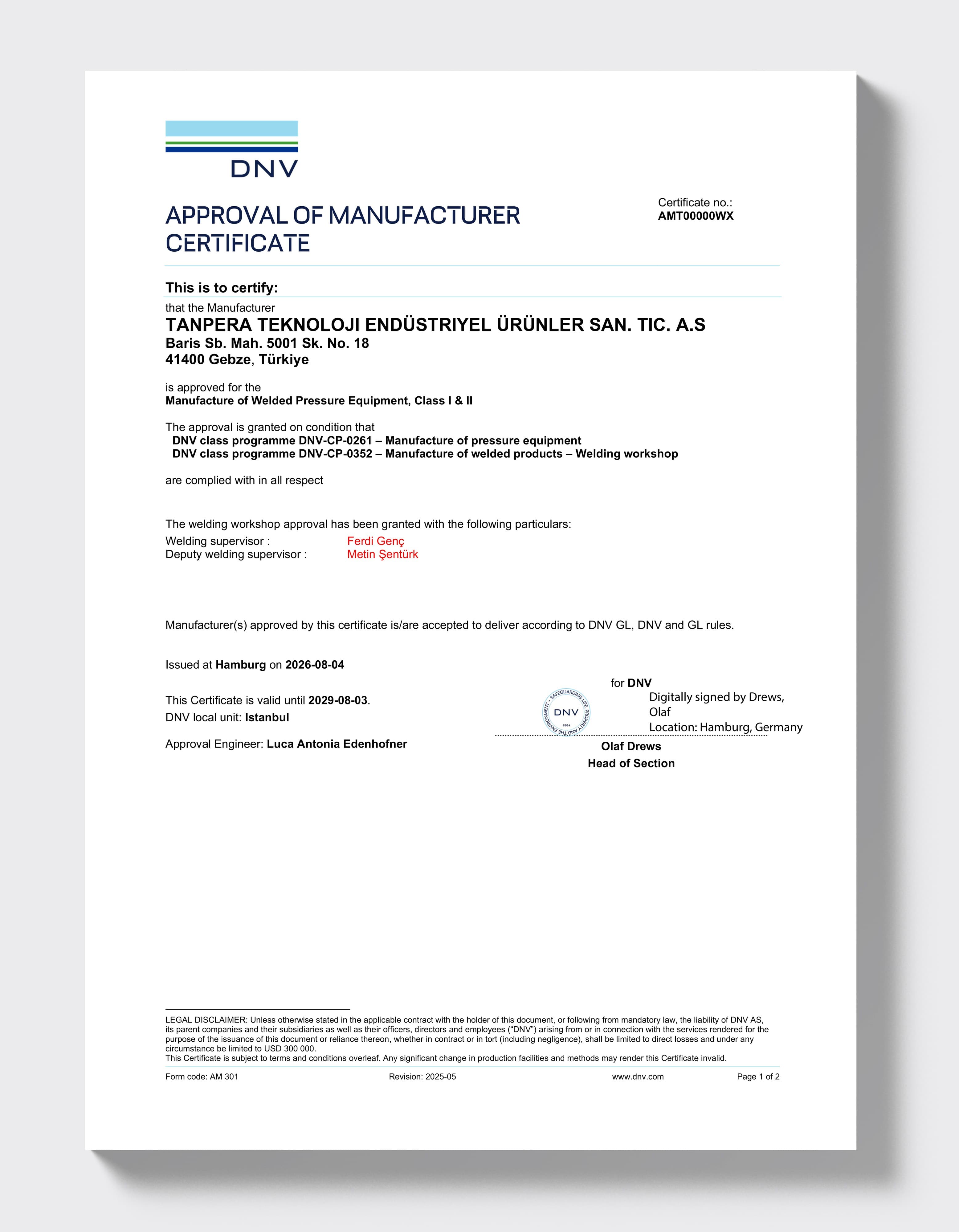 DNV — Сертификат одобрения производителя (сосуды под давлением, классы I и II)