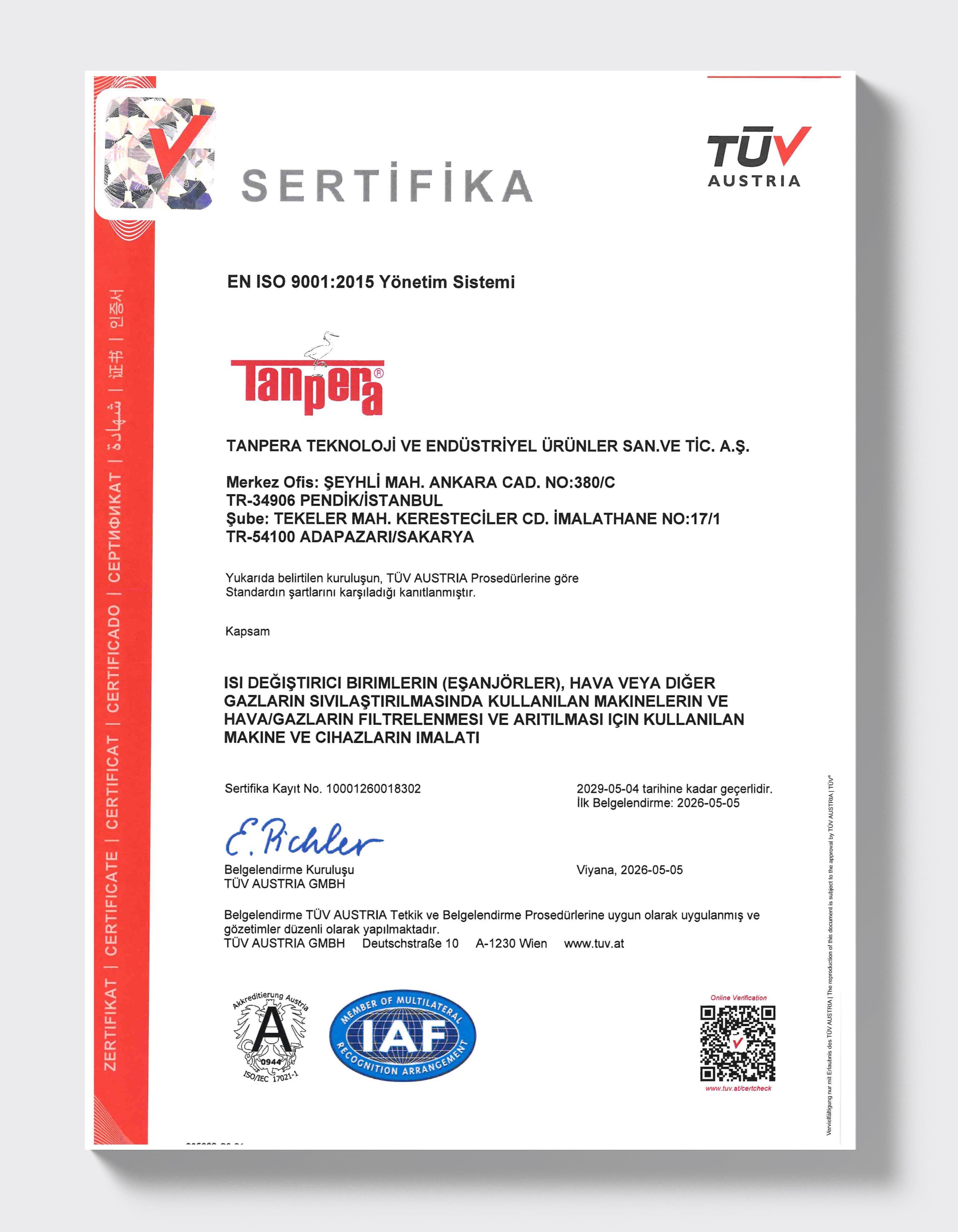 ISO 9001:2015 — заводы Sakarya и Pendik