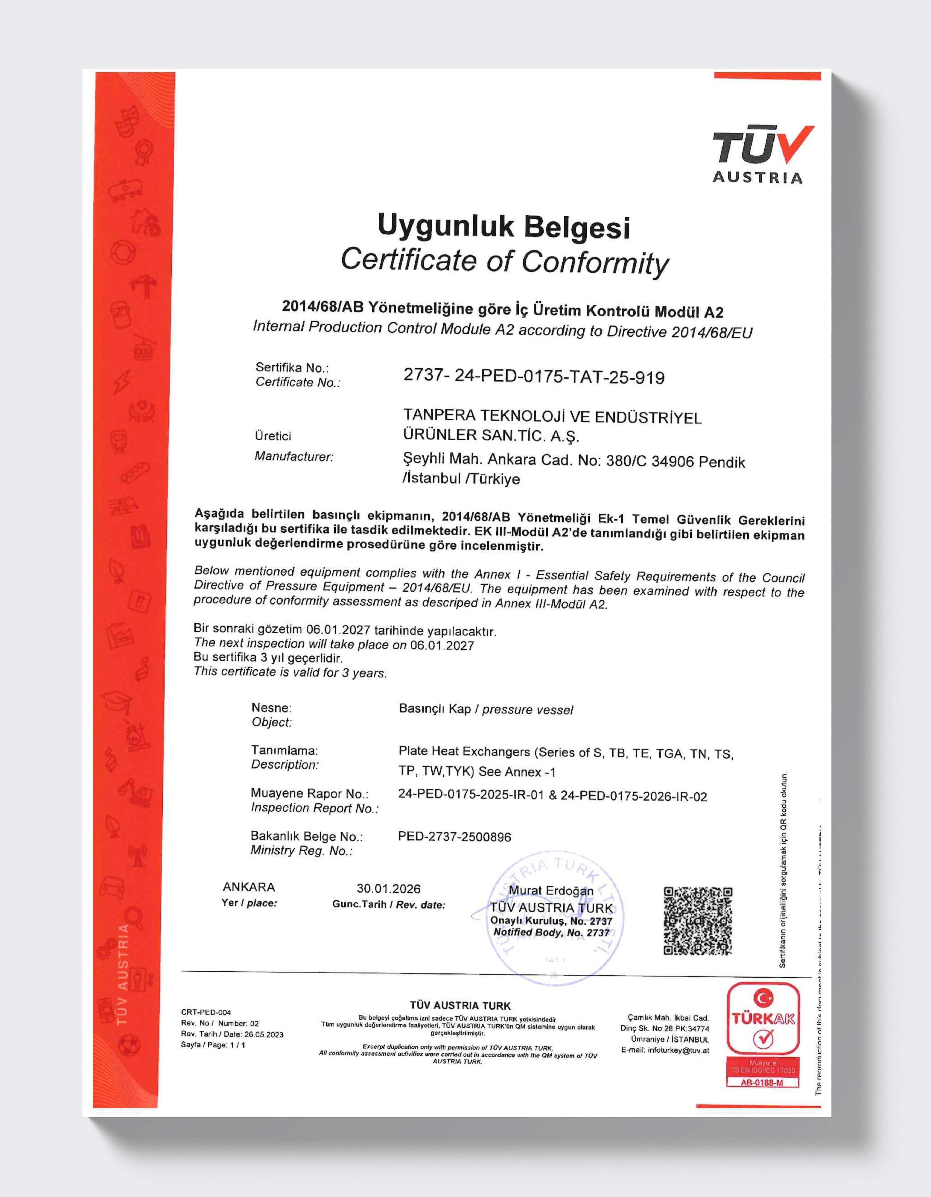 TÜV AUSTRIA — пластинчатые теплообменники, модуль A2