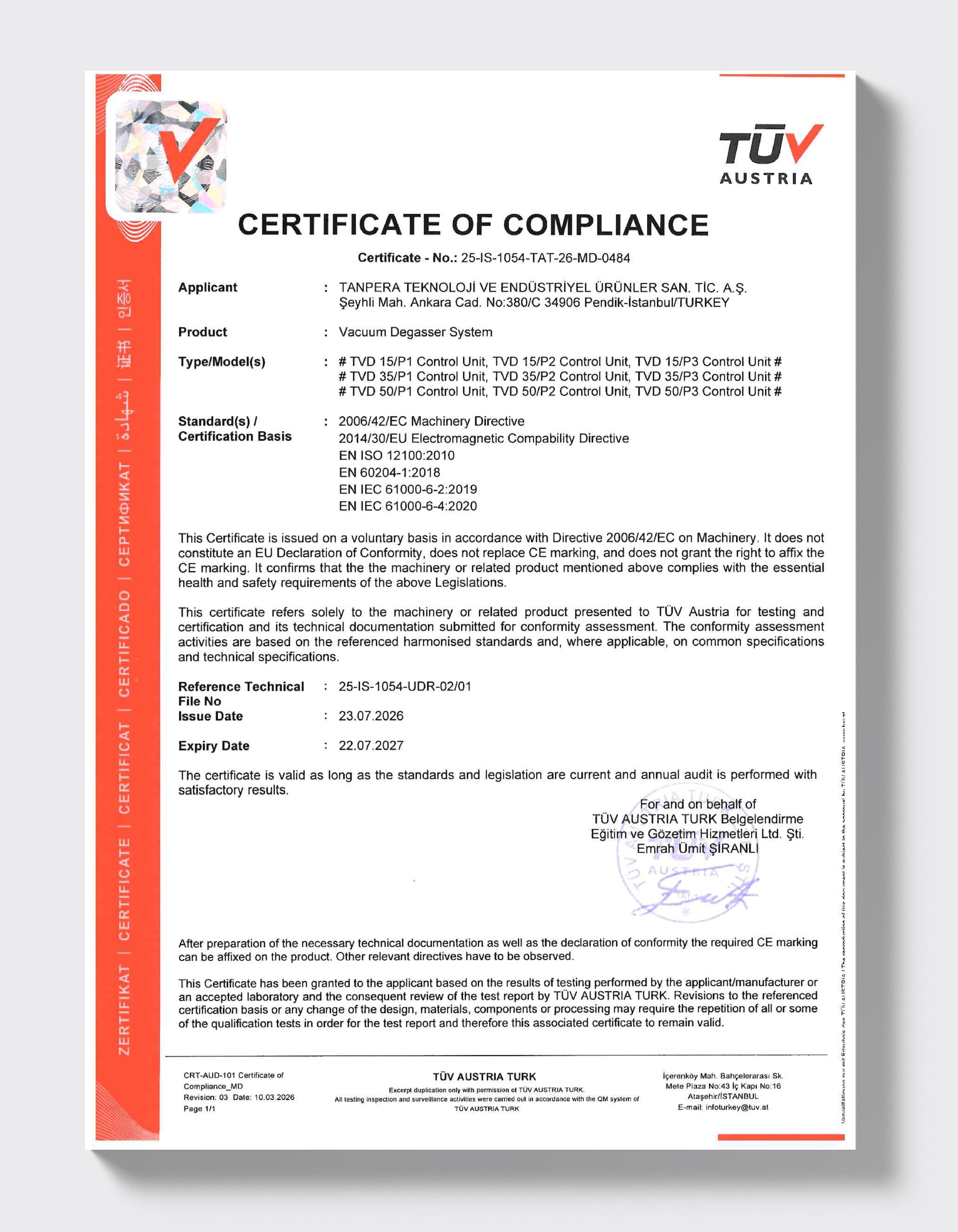 TÜV AUSTRIA — вакуумный дегазатор (TVD)
